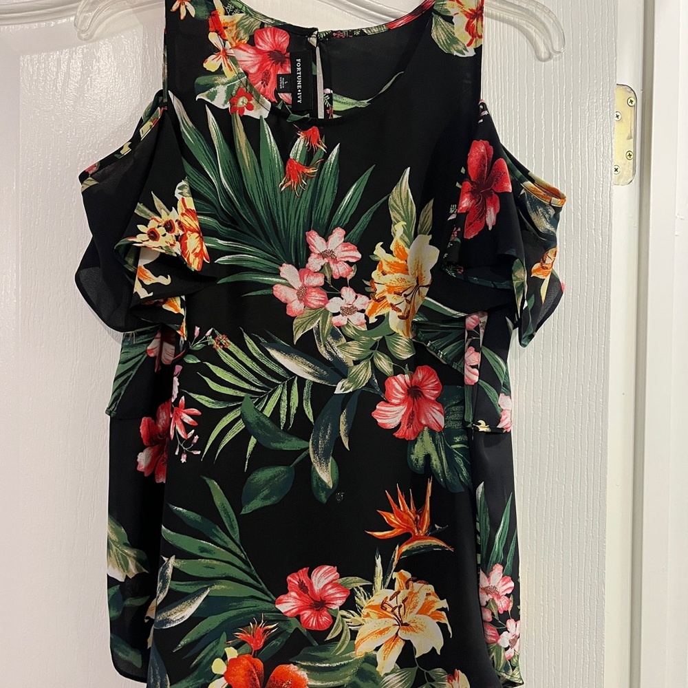 Fortune + Ivy Tropical Floral Cold Shoulder Blouse